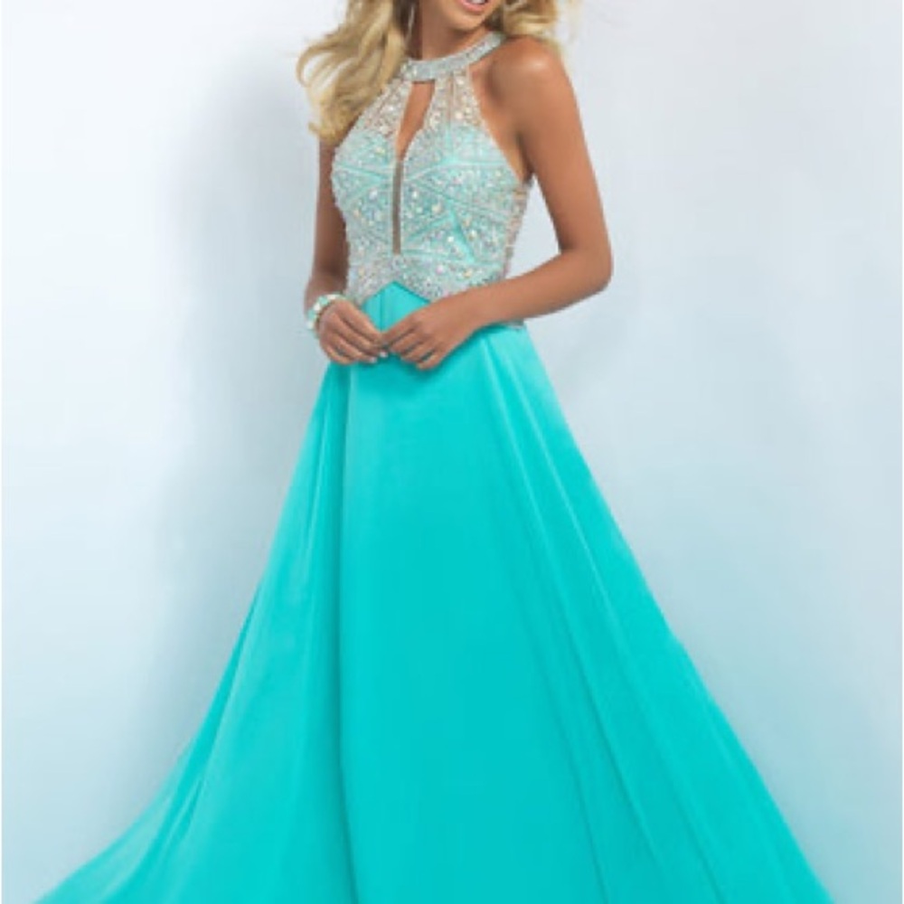 Jovani Turquoise Halter Prom Dress
